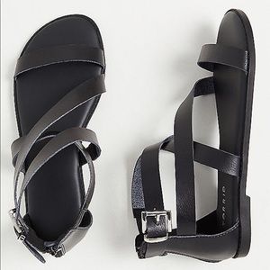 BLACK FAUX LEATHER ASYMMETRIC GLADIATOR SANDAL